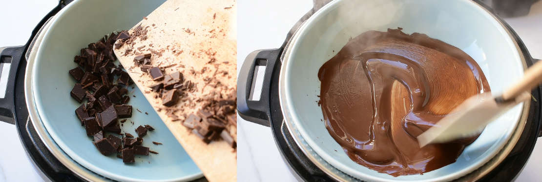Adding chocolate to a bowl, stirring melted chocolate with a spatula.