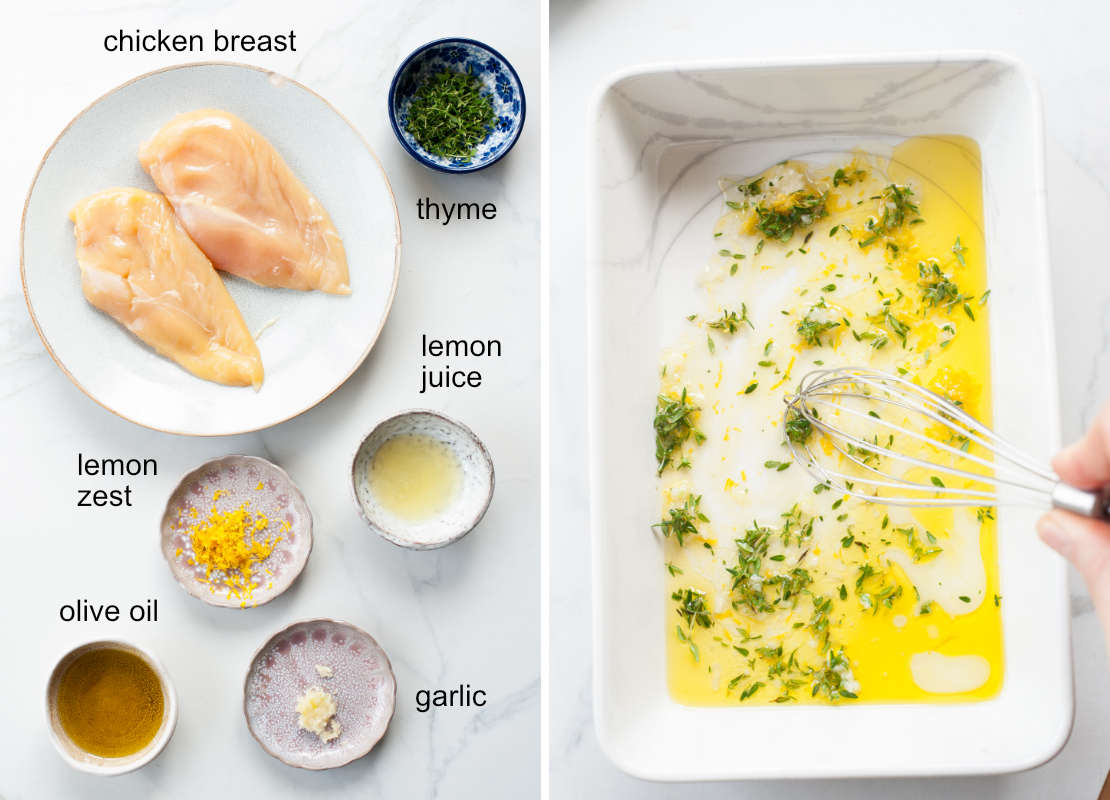 lemon thyme chicken ingredients, marinade ingredients are being whisked in a baking dish