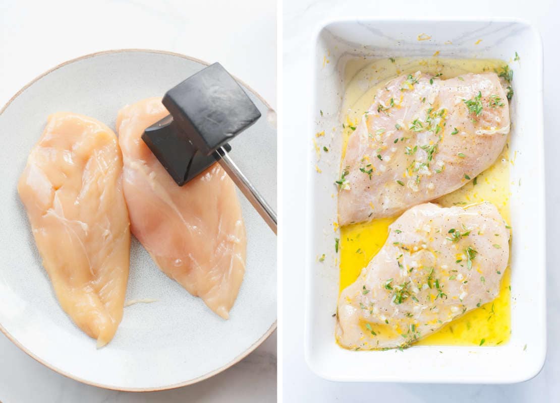 chicken breasts pounded with meat mallet, marinating chicken breasts