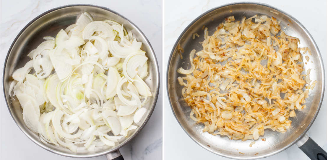 left photo: uncooked onions in a pan, right photo: caramelized onions in a pan