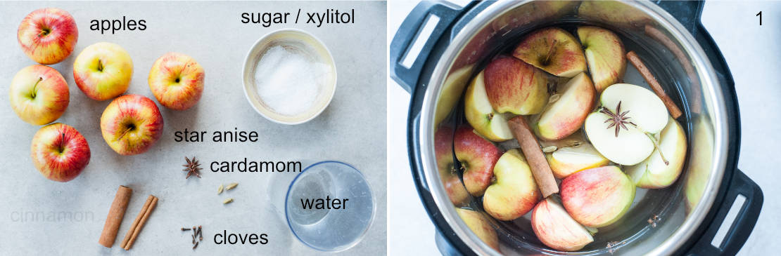 Ingredients needed to prepare spiced apple cider on a table and in a pressure cooker.