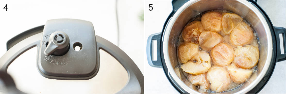 left photo: venting position on the pressure cooker, right photo: apples cooked in the pressure cooker