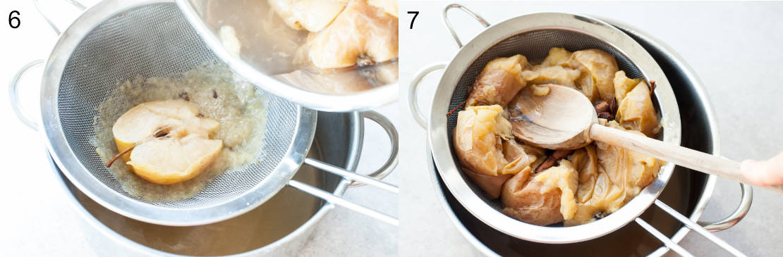 spiced apple cider is being strained through a sieve