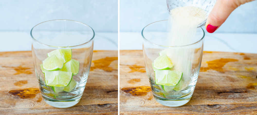 Lime pieces in a glass. Cane sugar is being added to lime pieces in a glass.