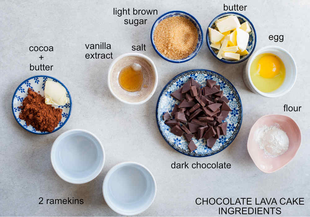 Ingredients for molten chocolate cake.