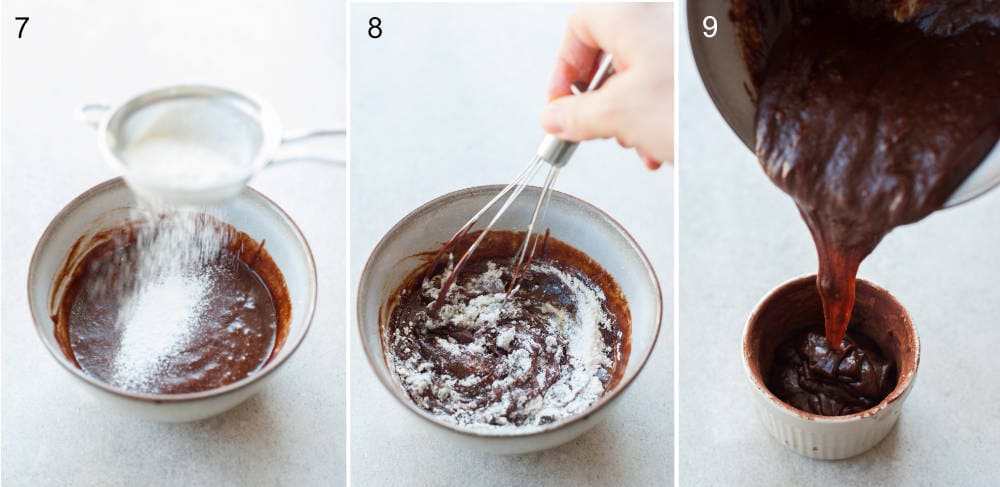 Flour is being added to the batter, batter is being poured into the ramekins.