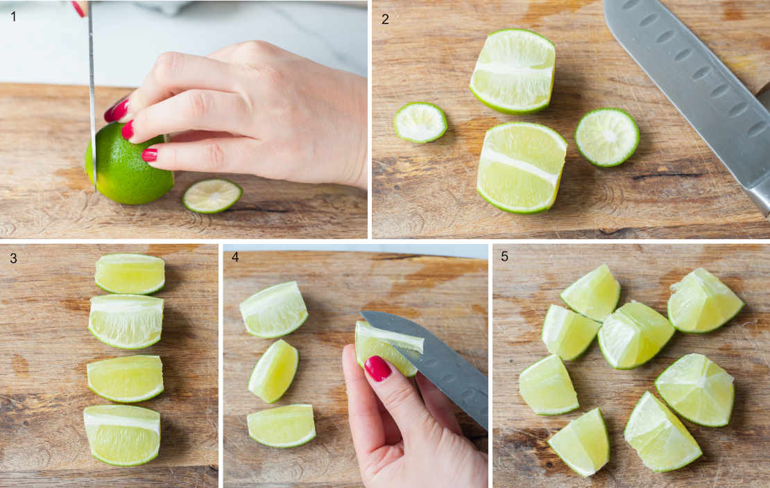 A collage of 5 photos showing how to cut a lime into 8 parts for a caipirinha drink.