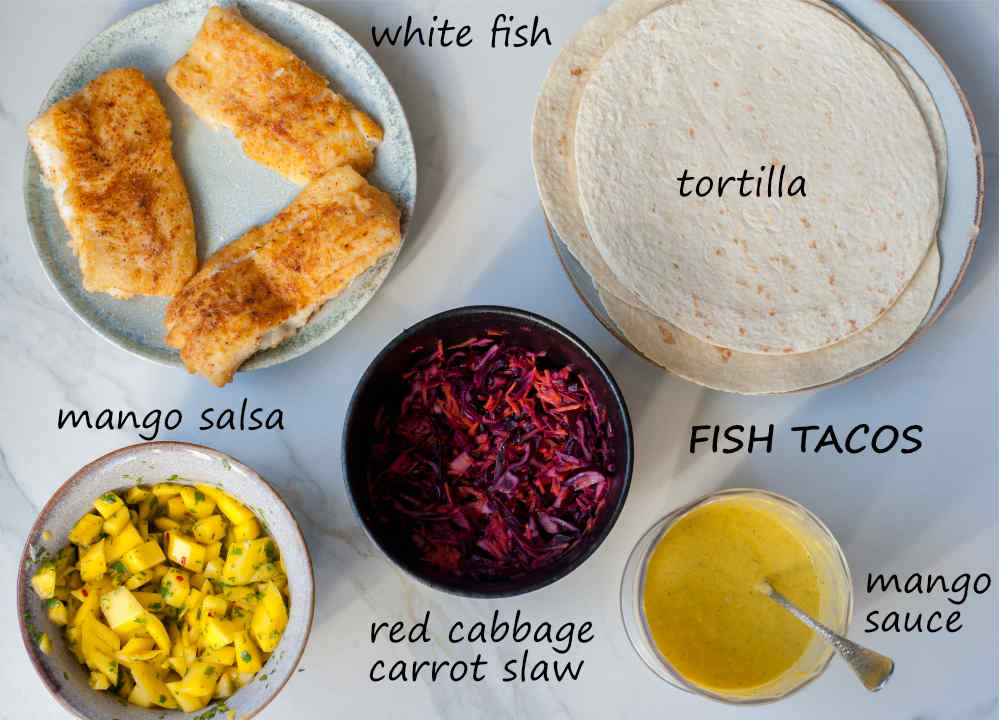 Labeled fish tacos ingredients.