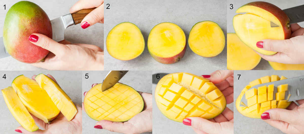 step by step photo collage showing how to cut mango