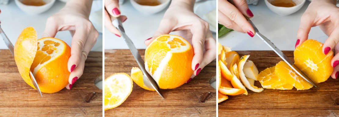 A collage of 3 photos showing how to fillet an orange.