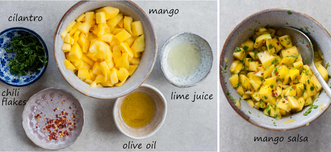 Labeled ingredients for mango salsa for fish tacos. Mango salsa in a grey bowl.