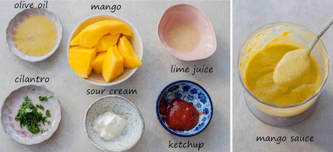 Mango sauce ingredients, mango sauce in a food processor bowl.