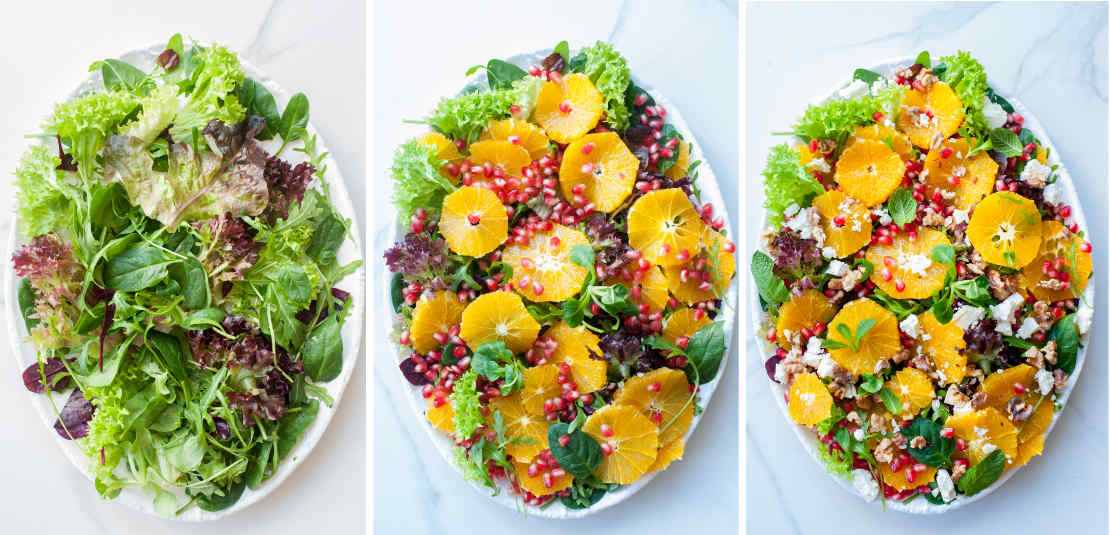 assembling steps of pomegranate orange salad