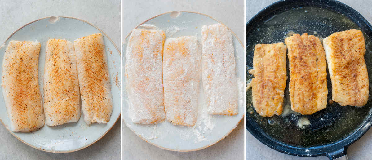 Pan-fried cajun-spiced fish - preparation steps.