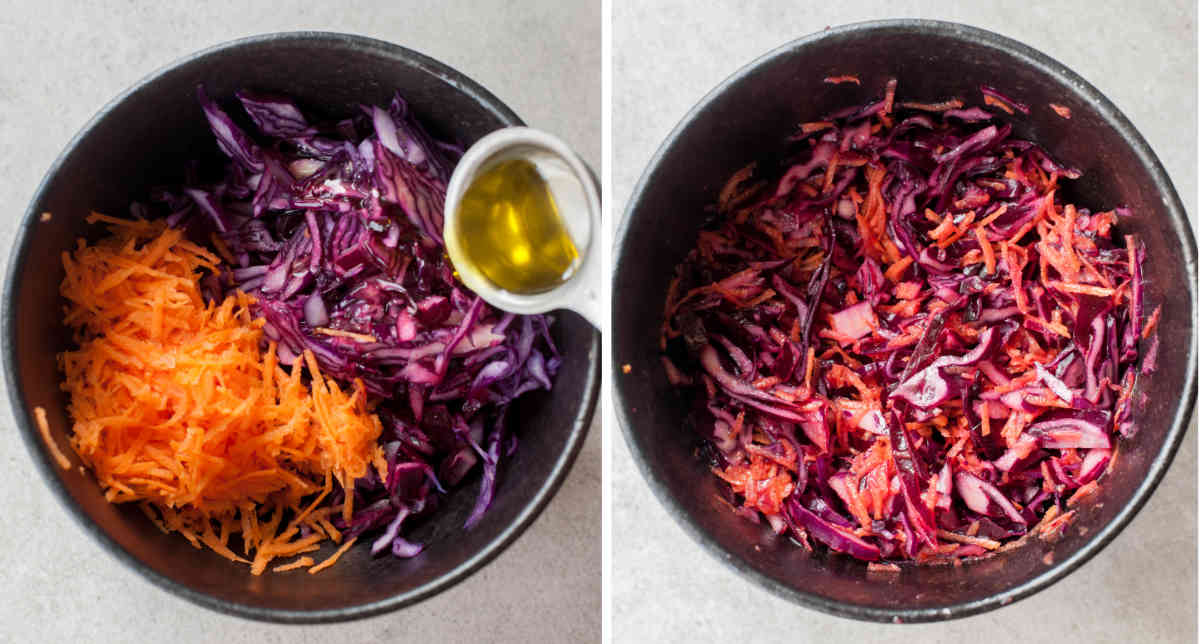 Red cabbage carrot slaw preparation steps.