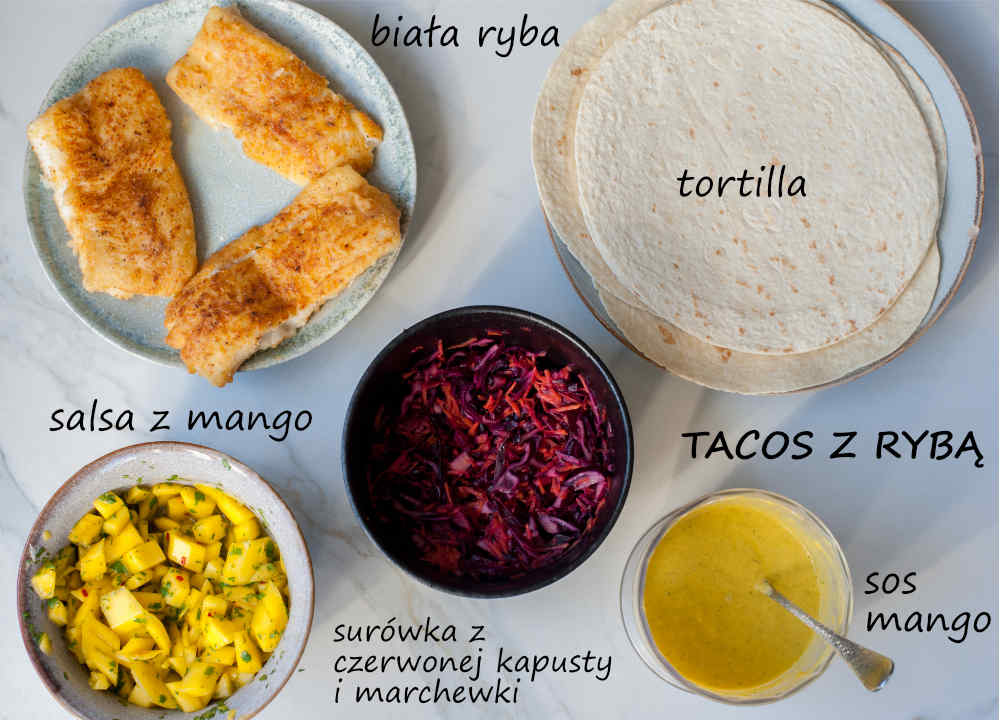 składniki na tacos z rybą