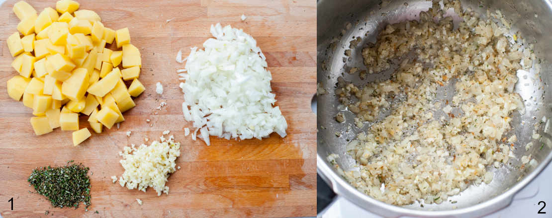 chopped onions, garlic, rosemary and potatoes on a chopping board, sauteed onions in a pot