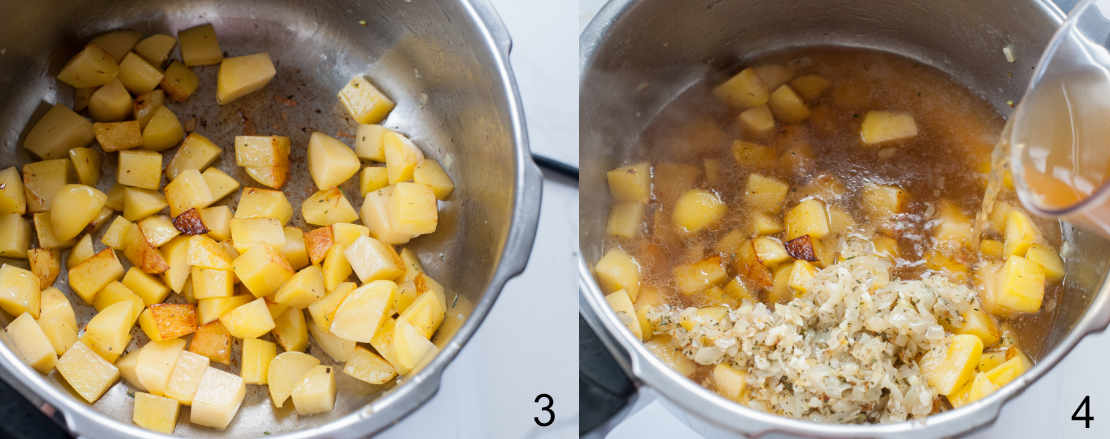 browned potatoes in a pot, brown is being added to the pot