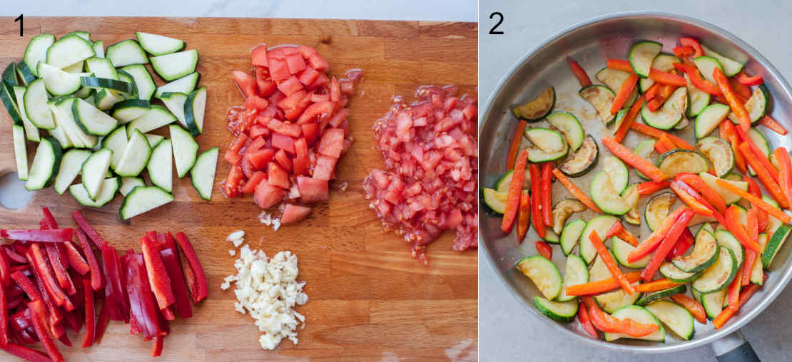 chopped vegetables on a chopping board, cooked vegetables in a pan