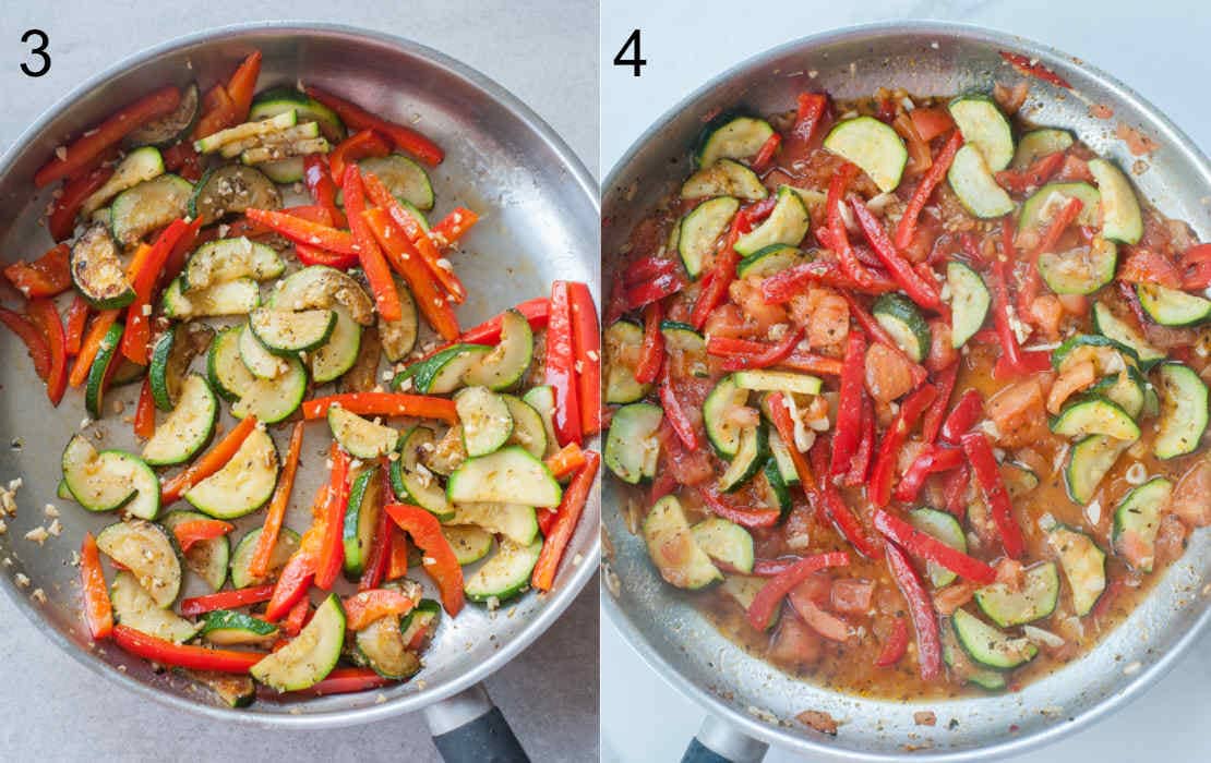 cooked vegetables with tomato sauce in a pan