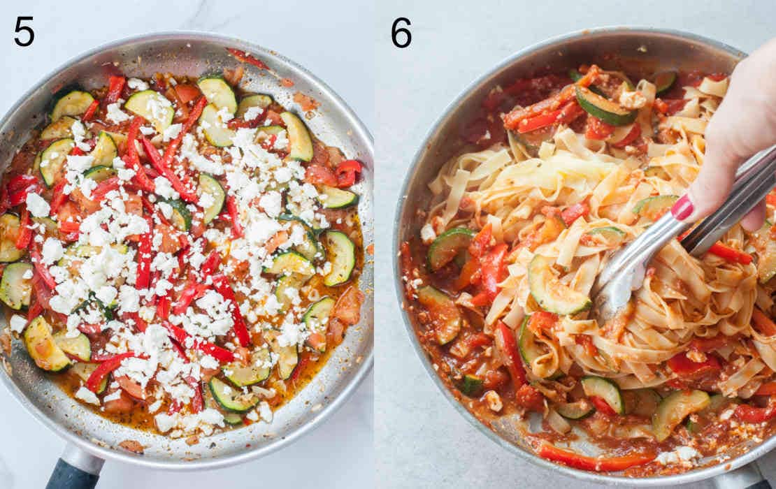 feta cheese on top of vegetables sauce in a pan, vegetable sauce is being stirred with pasta