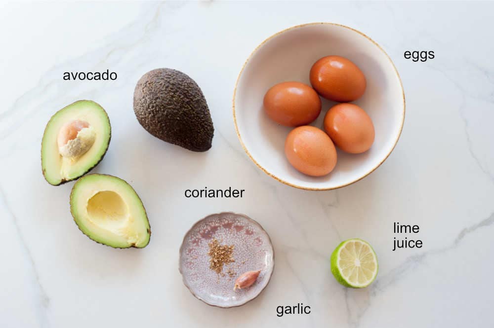 Labeled ingredients for avocado egg salad.