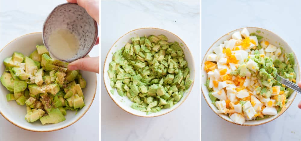 A collage of 3 photos showing how to prepare avocado egg salad in three steps.