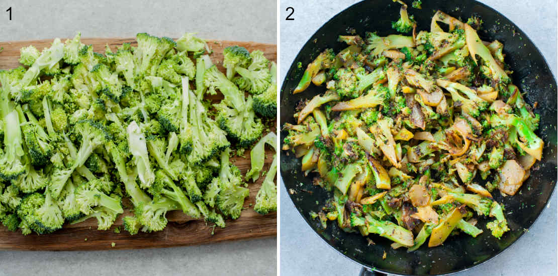 Chopped broccoli on a chopping board, cooked broccoli in a black pan.