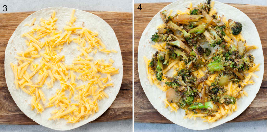 Grated cheese and cooked broccoli on a flour tortilla placed on a chopping board.