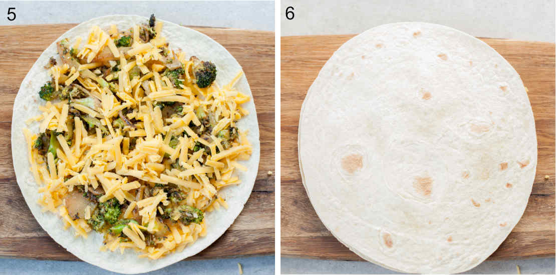 A collage of 2 photos showing assembling steps for broccoli quesadillas.