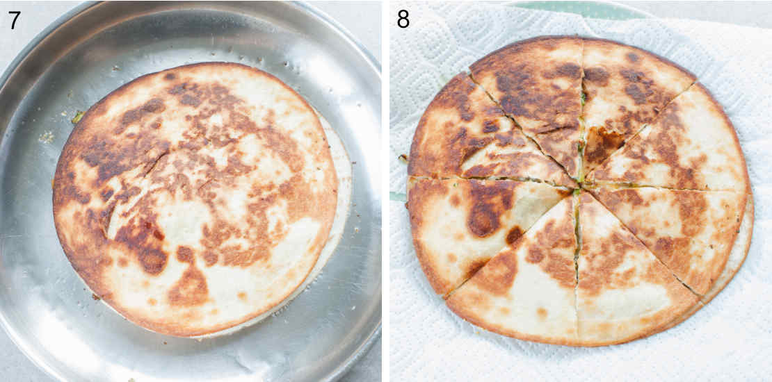 Quesadilla is being cooked in a pan, quesadilla divided into 8 parts on a paper towel.