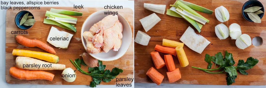 Ingredients for homemade chicken broth on a wooden board.