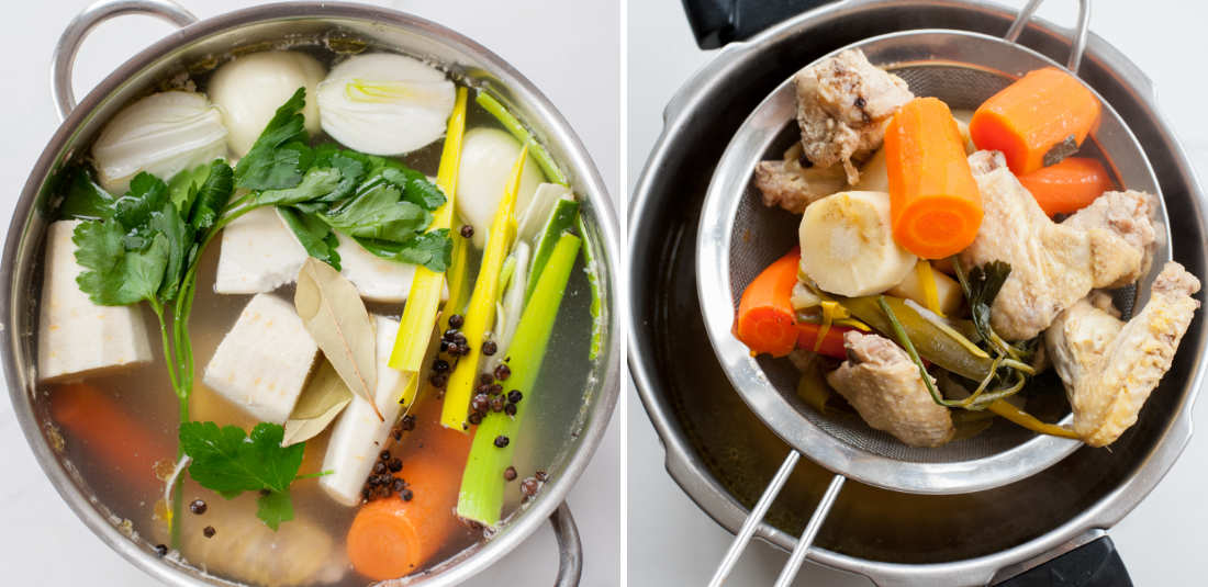 left photo: chicken broth cooking in a pot, right photo: straining the broth