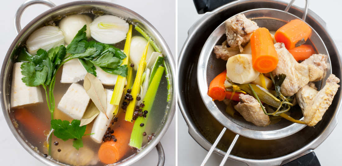 Chicken broth cooking in a pot. Meat and vegetables are being strained on a sieve.