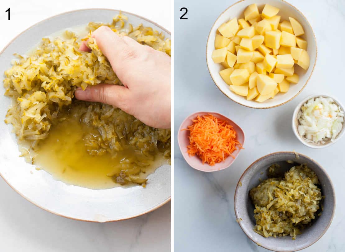 left photo: squeezing out water from cucumbers, right photo: chopped ingredients for the soup
