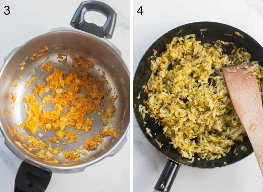 left photo: sauteed onion and carrots, right photo: cooking fermented cucumbers in a pan