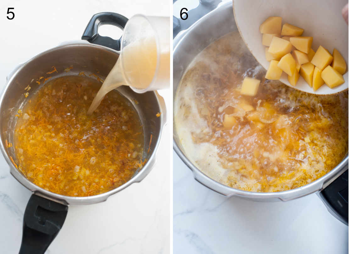 Broth and potatoes are being added to a pot with dill pickle soup.