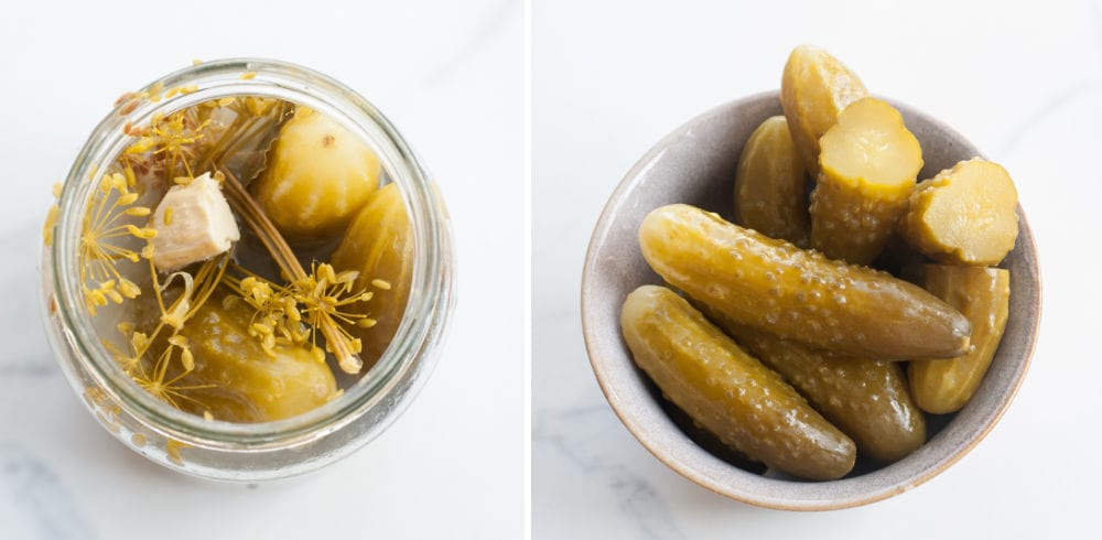 Homemade cucumbers in brine in a jar and in a bowl.