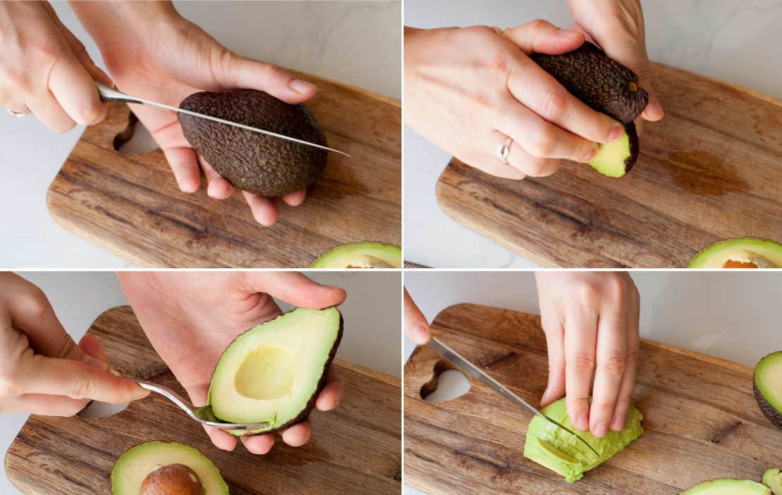 A collage of 4 photos showing how to peel and cut an avocado.