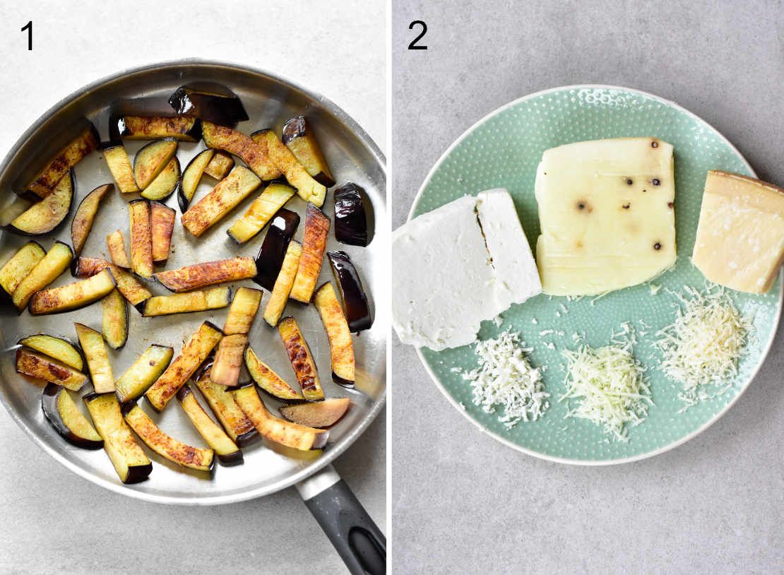 Pan-fried eggplant in a pan. Pecorino, parmesan and ricotta salata on a green plate.