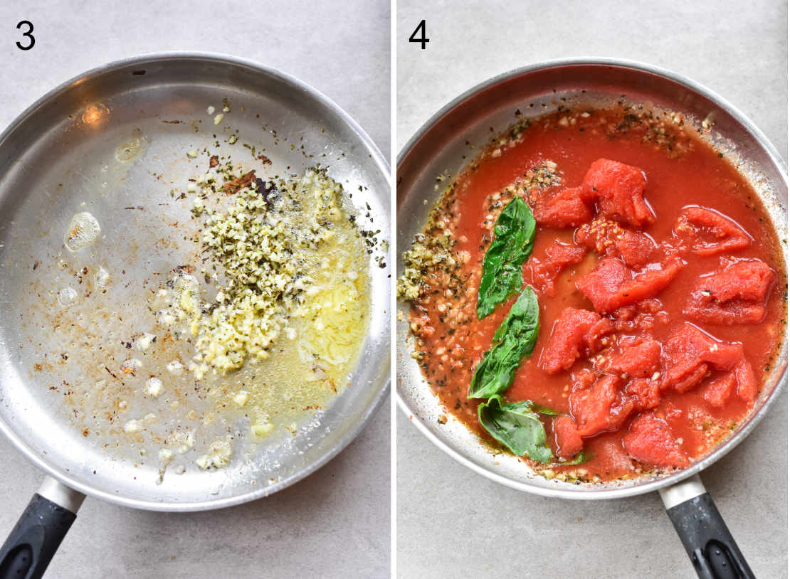 garlic and spices in a pan, tomatoes and basil in a pan