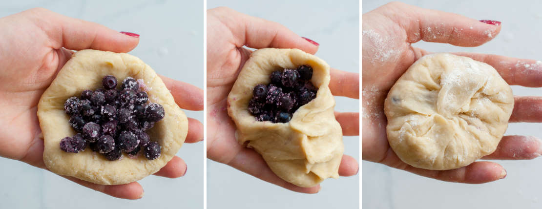 A collage of three photos showing how to fill buns with blueberries.