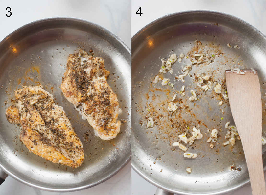 smażenie kurczaka na patelni, smażenie czosnku na patelni
