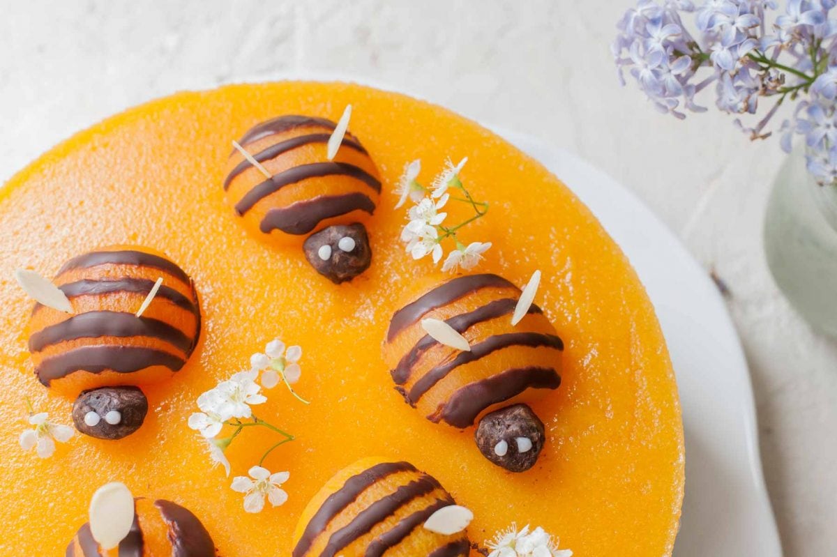 Close up picture of bees made of apricots and chocolate.