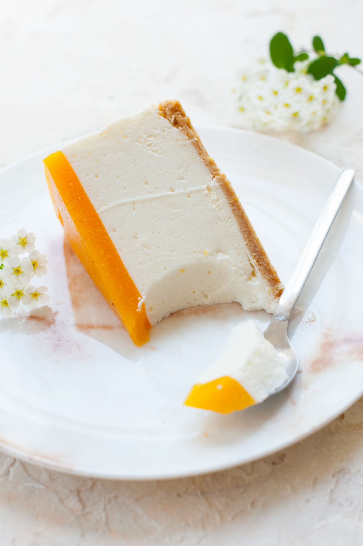 A slice of No-bake Greek yogurt cheesecake with apricot mousse on a white plate.