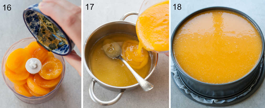 Collage of 3 photos showing making of apricot mousse.