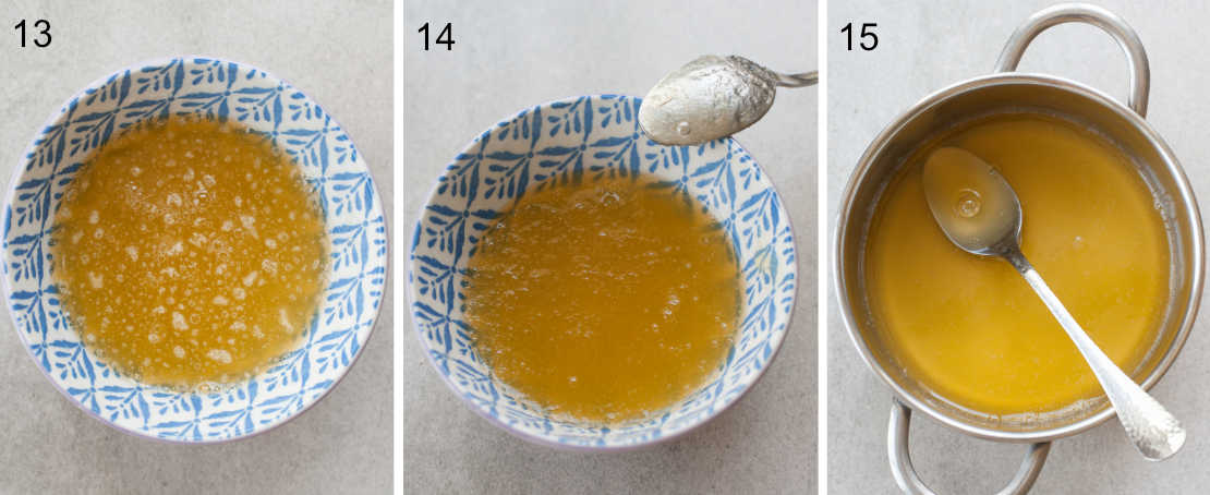 Collage of 3 photos showing blooming the gelatin with apricot syrup.