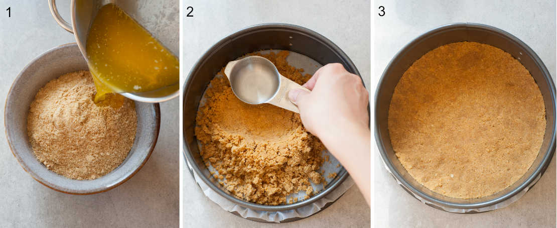 A collage of three photos showing steps of making a cookie crumb crust.