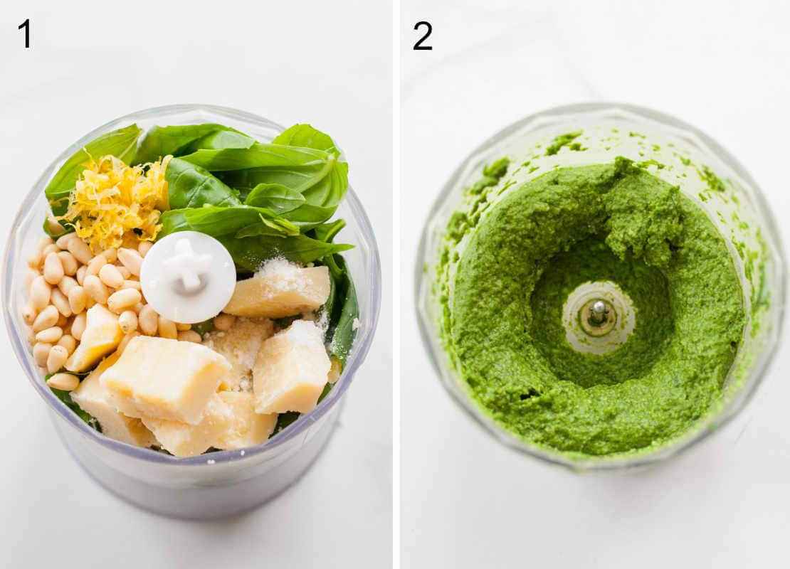 Mixing the ingredients for basil pesto in a food processor.