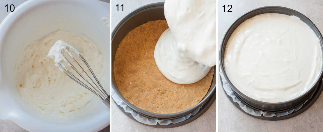 Collage of 3 steps showing making of no-bake Greek yogurt cheesecake.